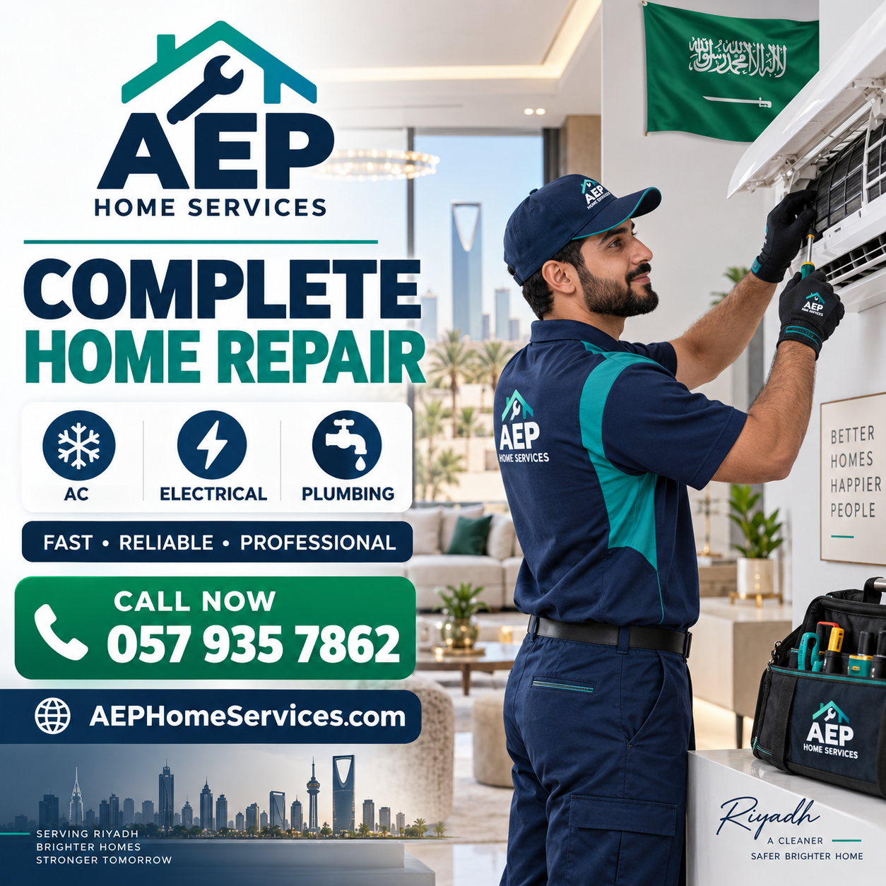 AEP technician servicing an air conditioner in a Riyadh home