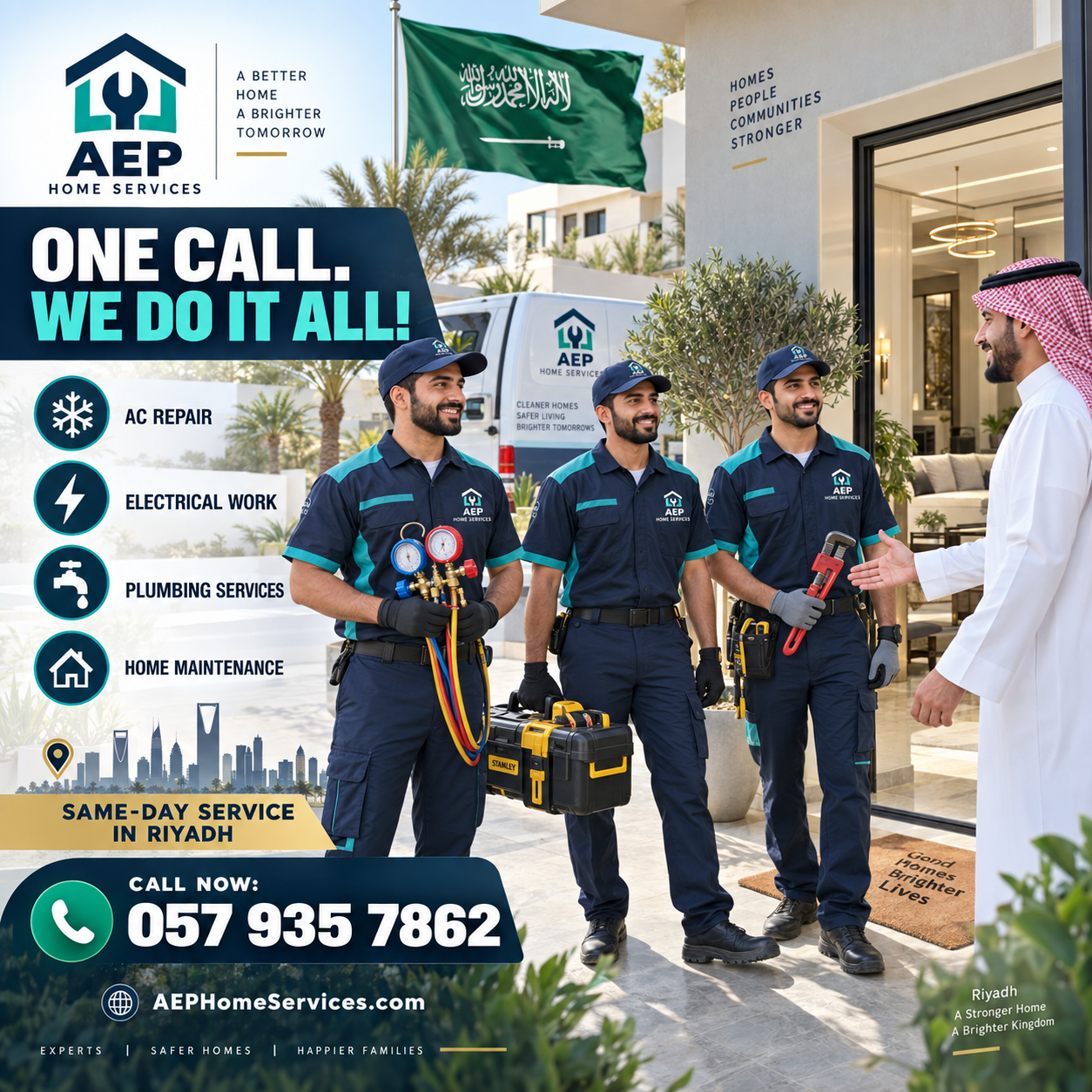 AEP home maintenance team arriving at a Riyadh villa